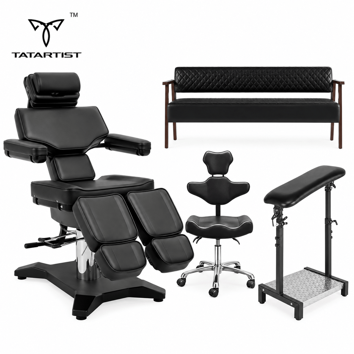 4-Piece Tattoo Studio Furniture Set with Client Chair, Artist Chair, Armrest & Waiting Bench