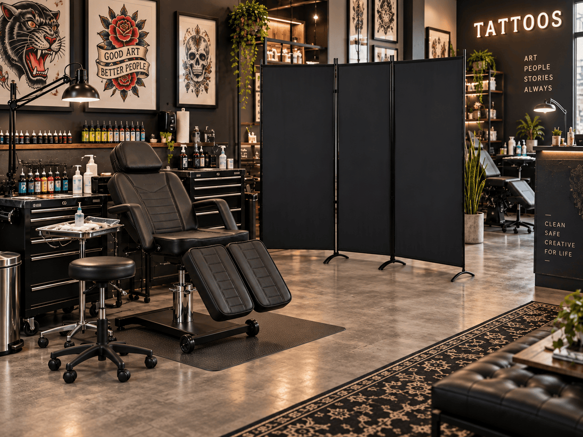 3-Panel Folding Tattoo Studio Privacy Screen, Black