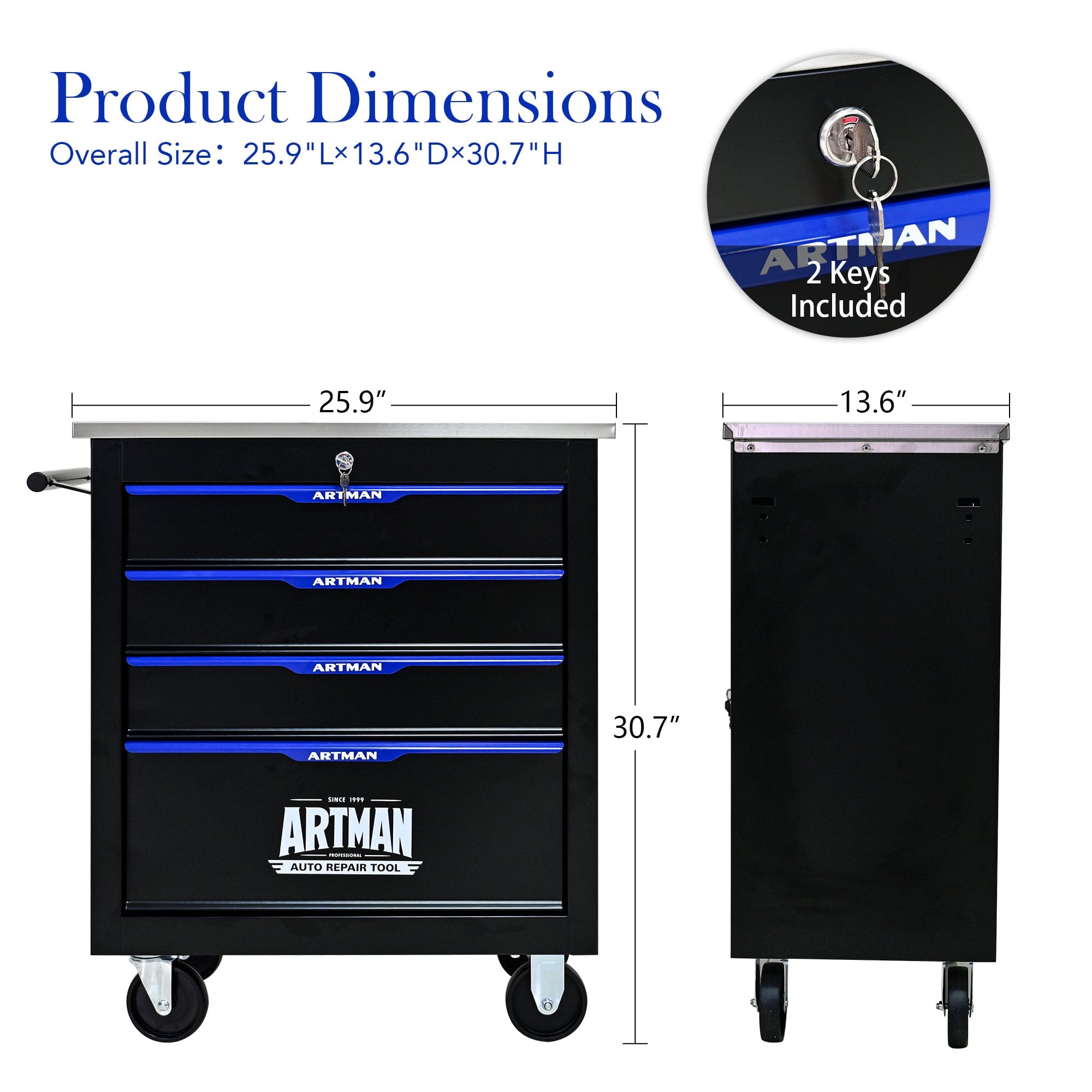【USA】4-Drawer Steel Rolling Trolley with Locking Casters