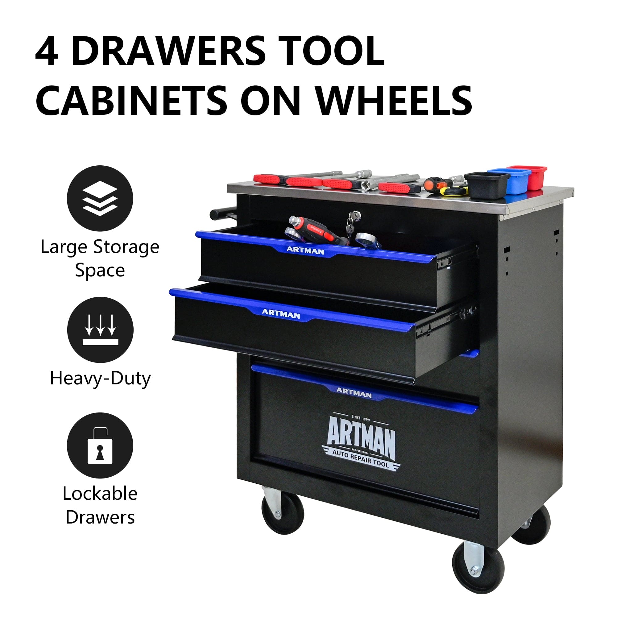【USA】4-Drawer Steel Rolling Trolley with Locking Casters