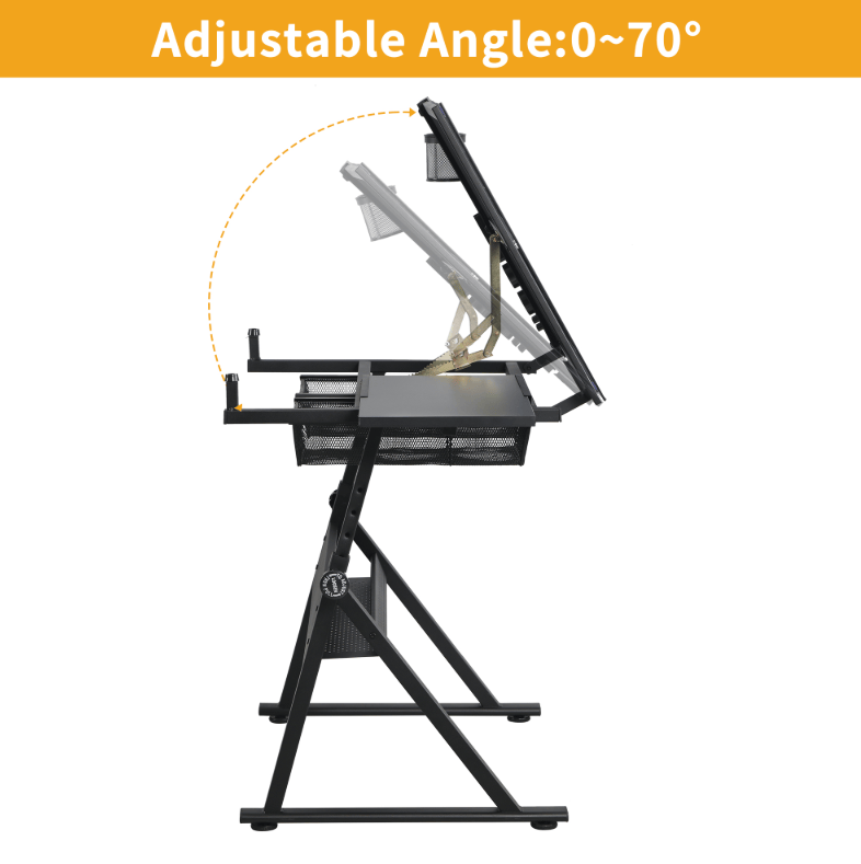 Tattoo Artist Adjustable Glass Workstation with Storage Drawers– Black
