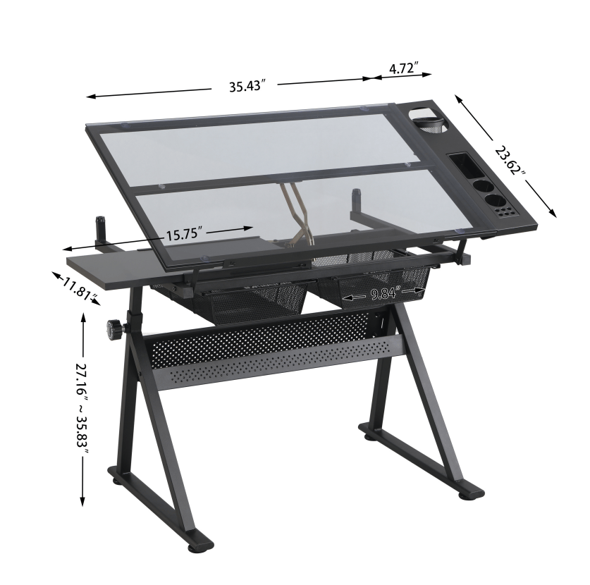 Tattoo Artist Adjustable Glass Workstation with Storage Drawers– Black