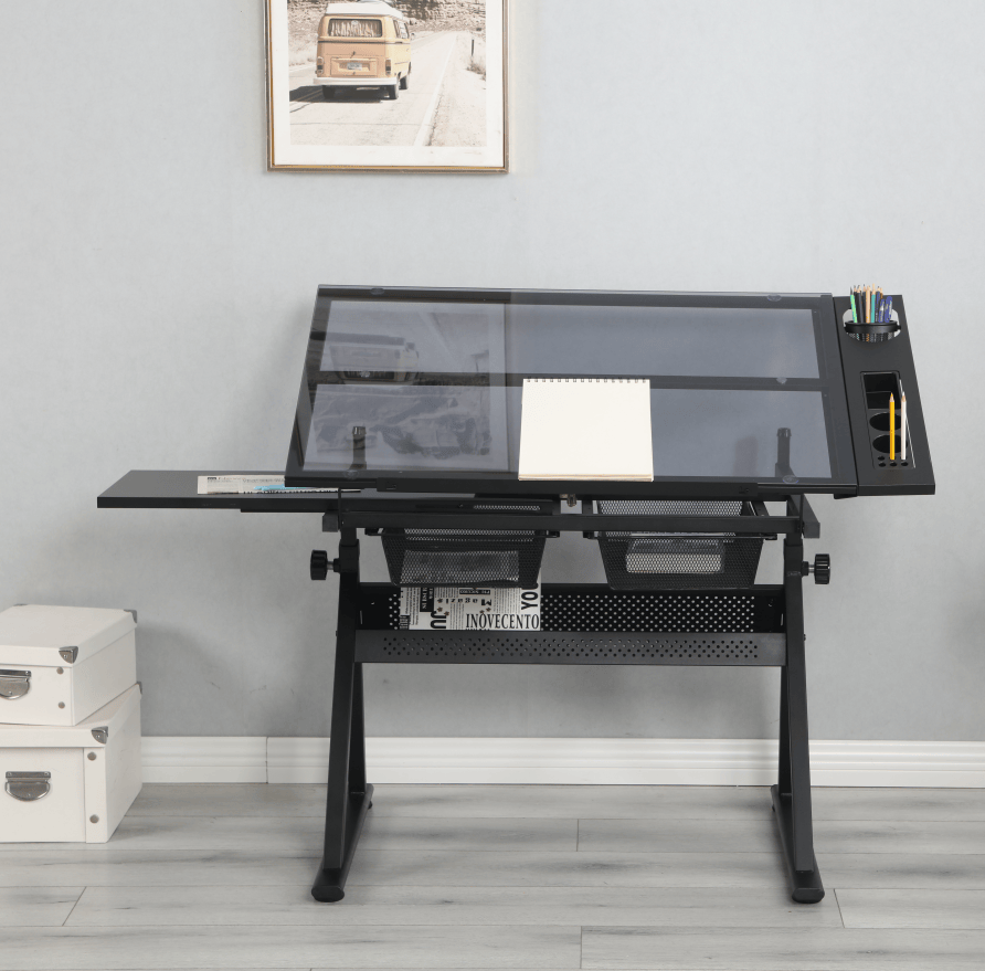 Tattoo Artist Adjustable Glass Workstation with Storage Drawers– Black