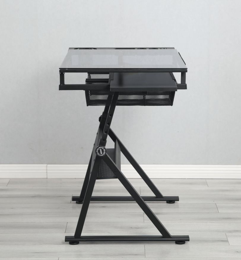 Tattoo Artist Adjustable Glass Workstation with Storage Drawers– Black
