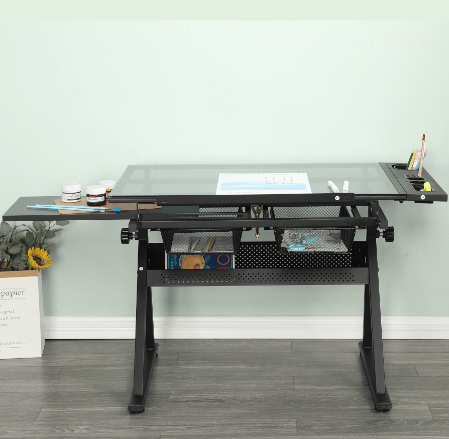 Tattoo Artist Adjustable Glass Workstation with Storage Drawers– Black