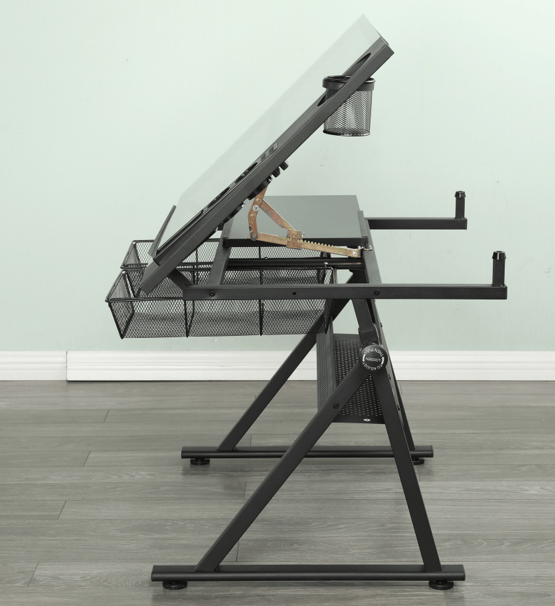 Tattoo Artist Adjustable Glass Workstation with Storage Drawers– Black