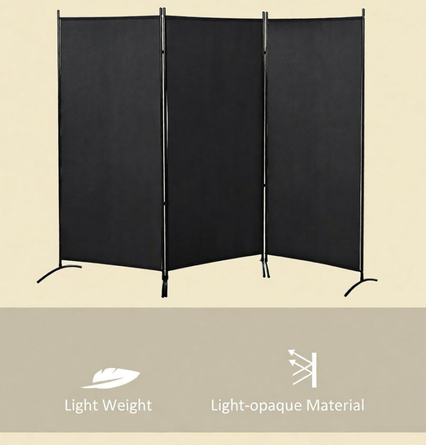 3-Panel Folding Tattoo Studio Privacy Screen, Black